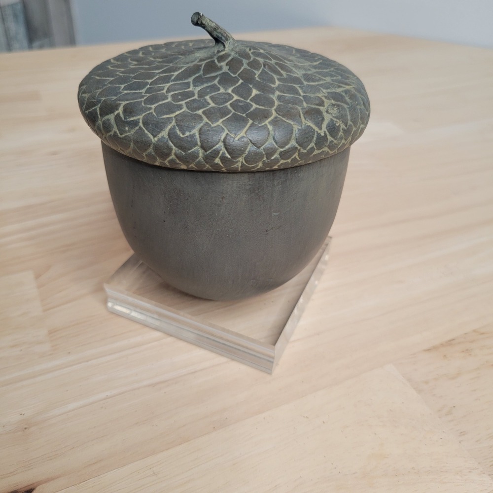Vtg Hen-Feathers Acorn‎ Trinket Box Grey Textured Lidded Decorative Jar Cottage